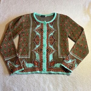 CENY Womens Small Brown Mint Green Geometric Knit Button Front Cardigan USA Made